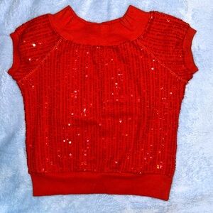 Pretty Orangey-Pink Short Sleeved Sparkly Sequined Top
